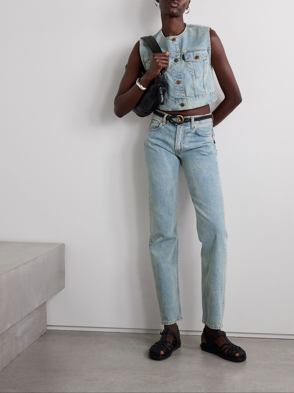 HAIKURE Judy Women Cropped Denim Vest Bleach Blue Y2K Utility Minimalist Size M